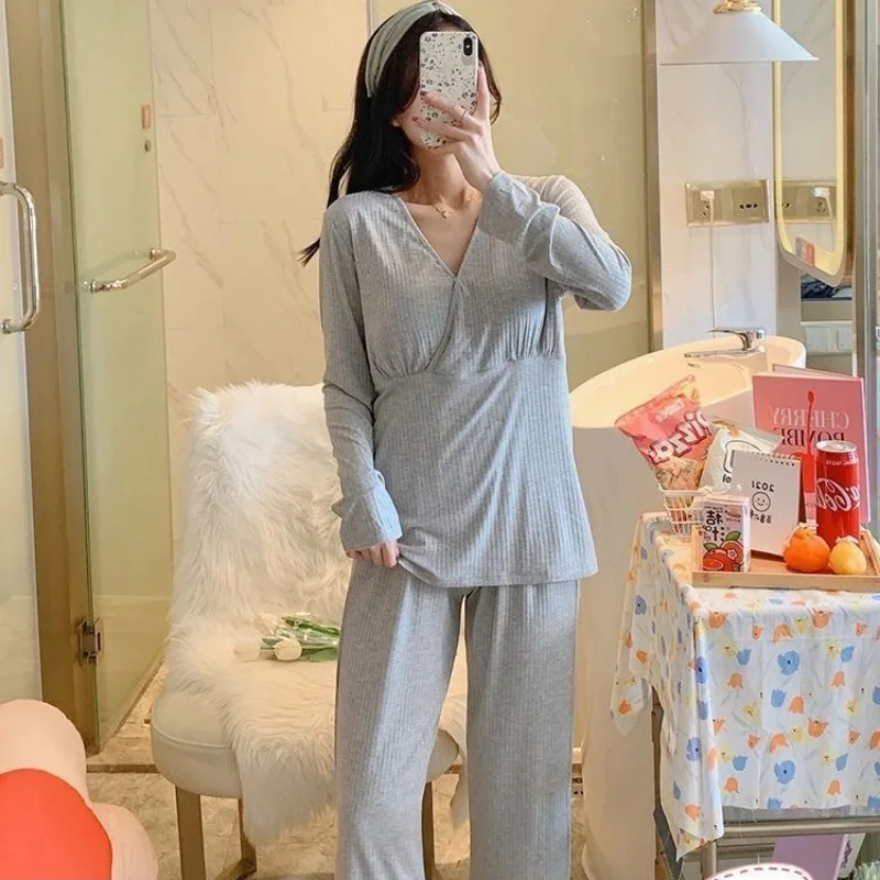 New Nursing Pajamas Women Summer Autumn Sleepwear With chest pads 2024 Postpartum Breastfeeding V-Neck Loungewear Loose Pajamas