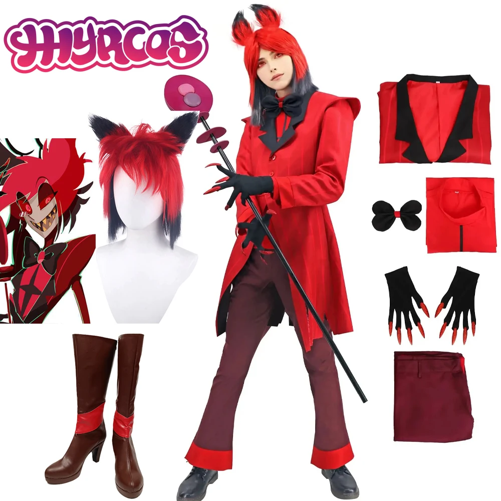 Pelucas de disfraz de Alastor Cos de Hotel con chaqueta roja, zapatos de uniforme de Anime Hazbin, botas, vestido de fiesta de cumpleaños de Carnaval de Halloween