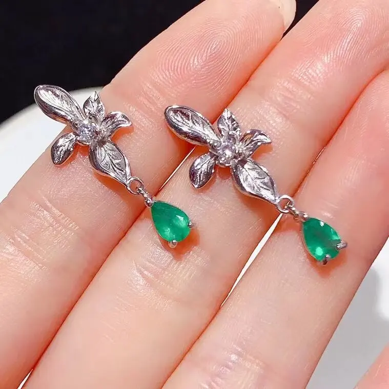 Luxury Sterling Silver Emerald Earrings for Wedding 4mm*6mm Natural Emerald Silver Earrings with 18K Gold Plated
