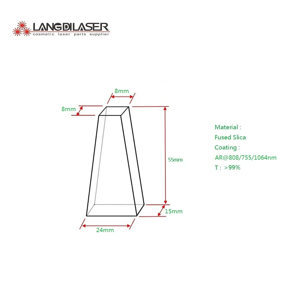 

Size:55*24(8)*15(8) / Diode Laser Prisma Crystal As Material Quartz Fused Silica / Both Surface AR@808/755/1064nm Film Coating