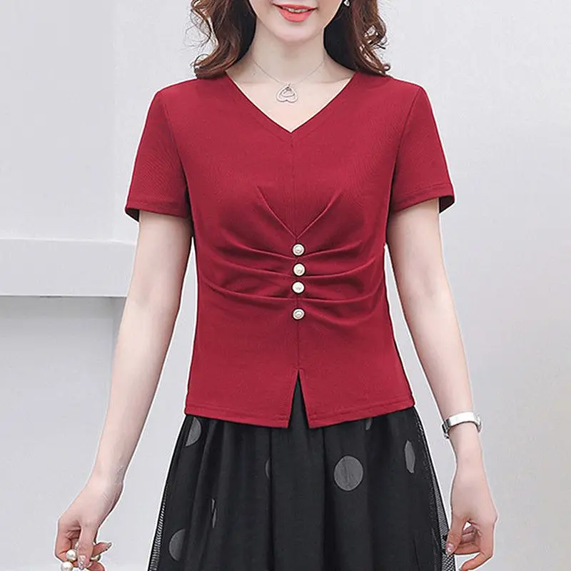 

Женская футболка с V-образным вырезом, рюшами и жемчужными деталями, с коротким рукавом, летняя, повседневная, на каждый день