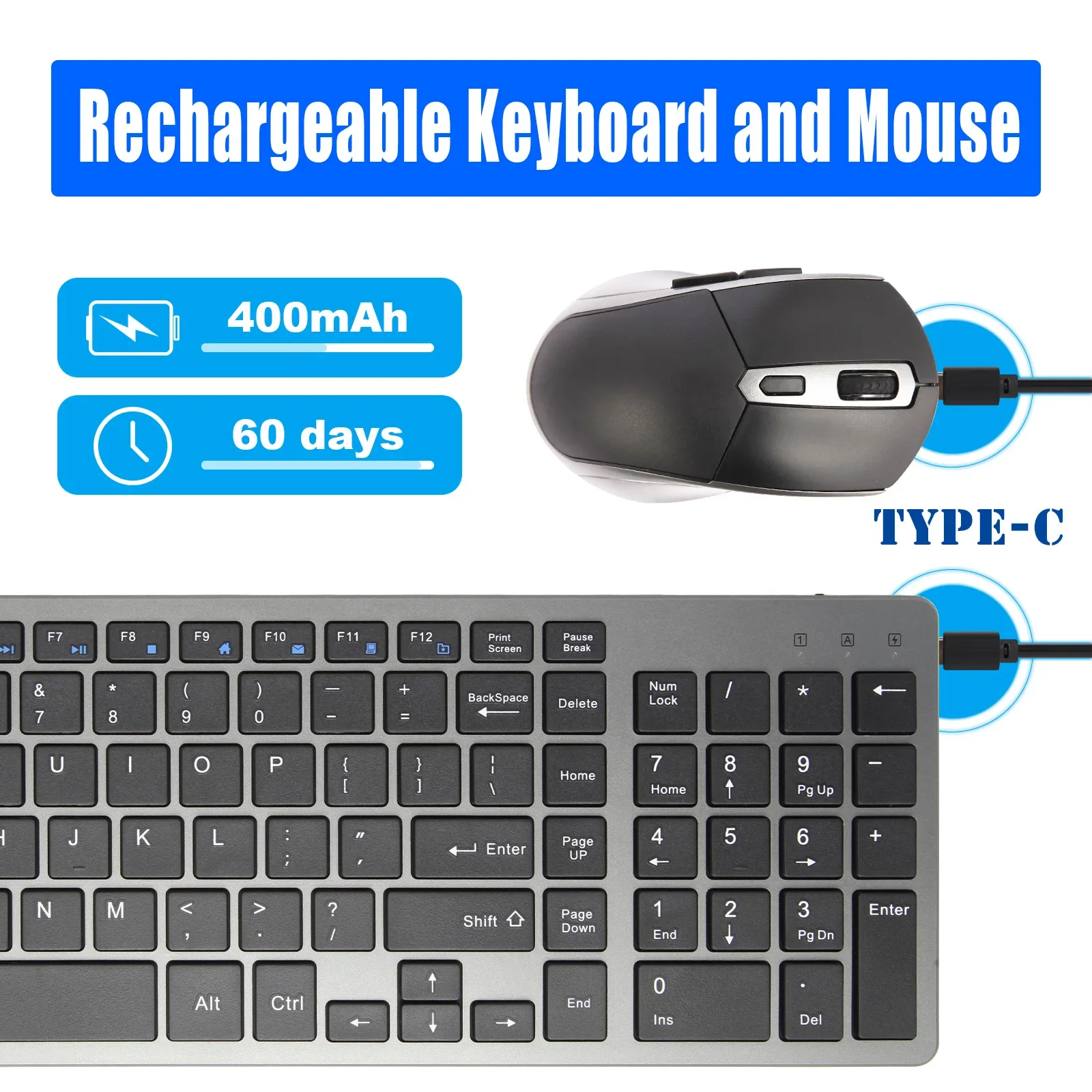 Imagem -02 - Teclado sem Fio Recarregável Teclado de Computador Fino Mouse Silencioso para pc Portátil Mac pc Mac Russo Hebraico Keycap Coreano Usb 2.4g