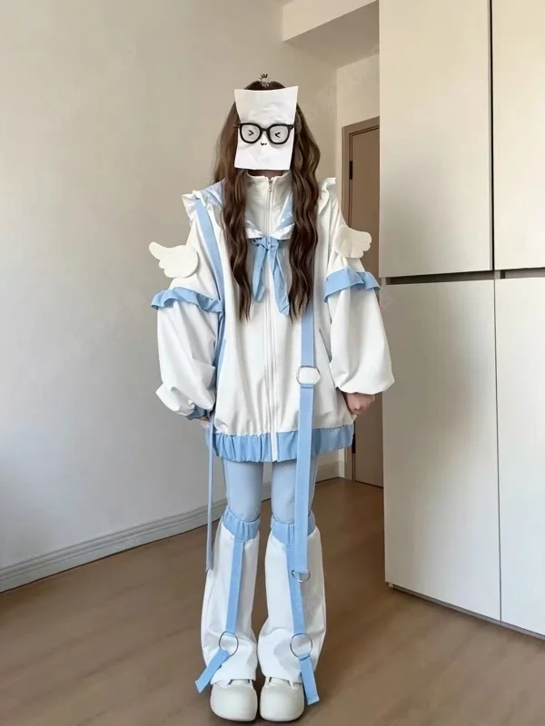 Subculture Navy Collar Soft Girl Lolita Print Sweatshirt High Waist Trousers Autumn Winter Fashion Set for Young Girls