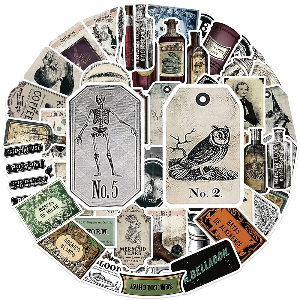 

10/30/50pcs Vintage Potion Bottle Label Stickers Horror Goth Style Graffiti Sticker Skateboard Phone Notebook Waterproof Decals