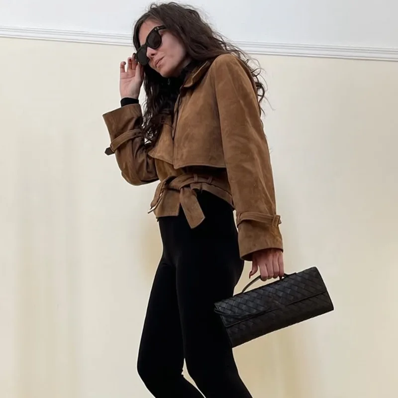 Tuularose Vintage Suède Jas Vrouwen Herfst Mode Nieuwe Solid Lace Up Slanke Jas Jas High Street Luxe Commuter Vrouwen Uitloper