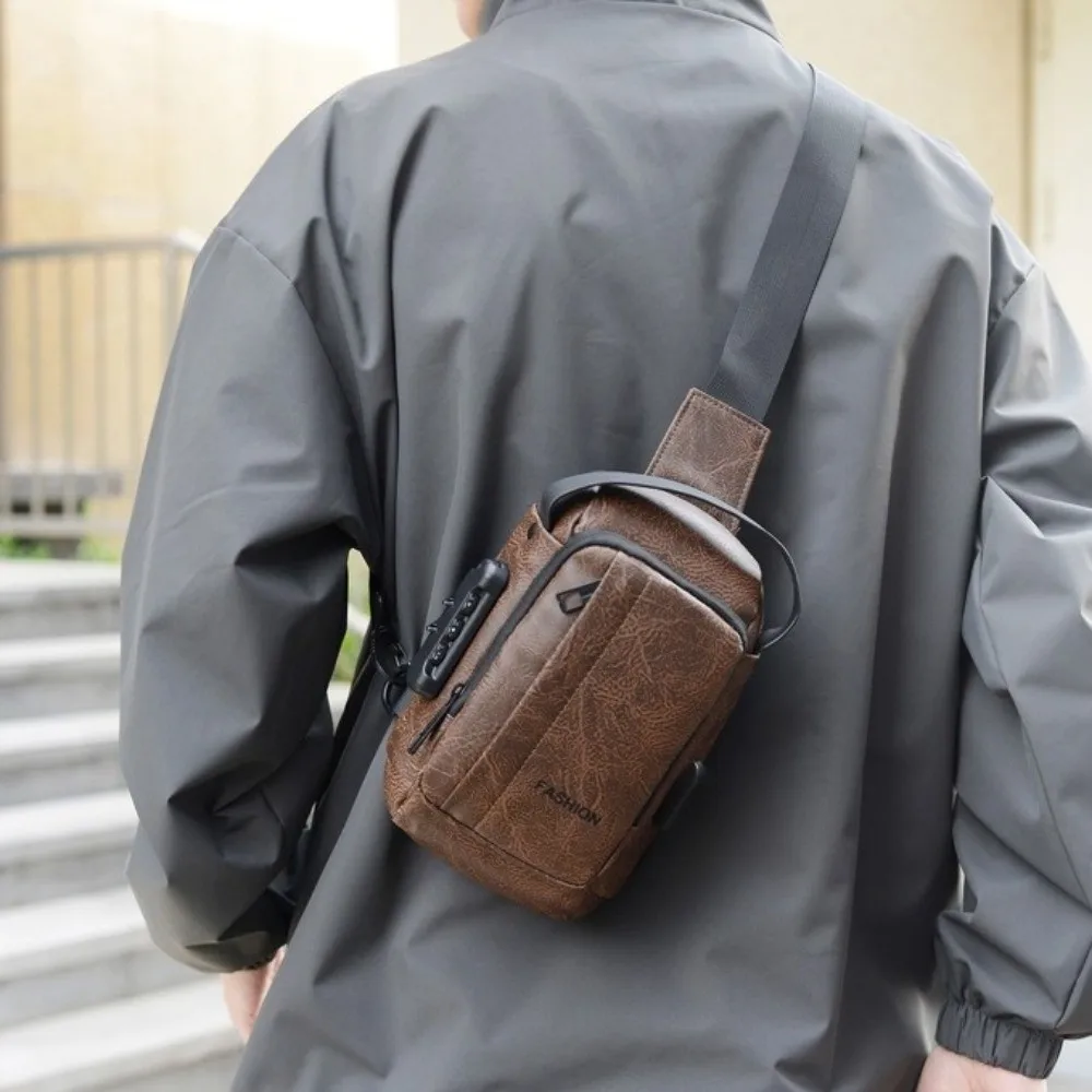 

Anti-Theft Men's Chest Bag PU Leather Waterproof Men's Crossbody Sling Bag Large Capacity with USB Charging Single Shoulder Bag