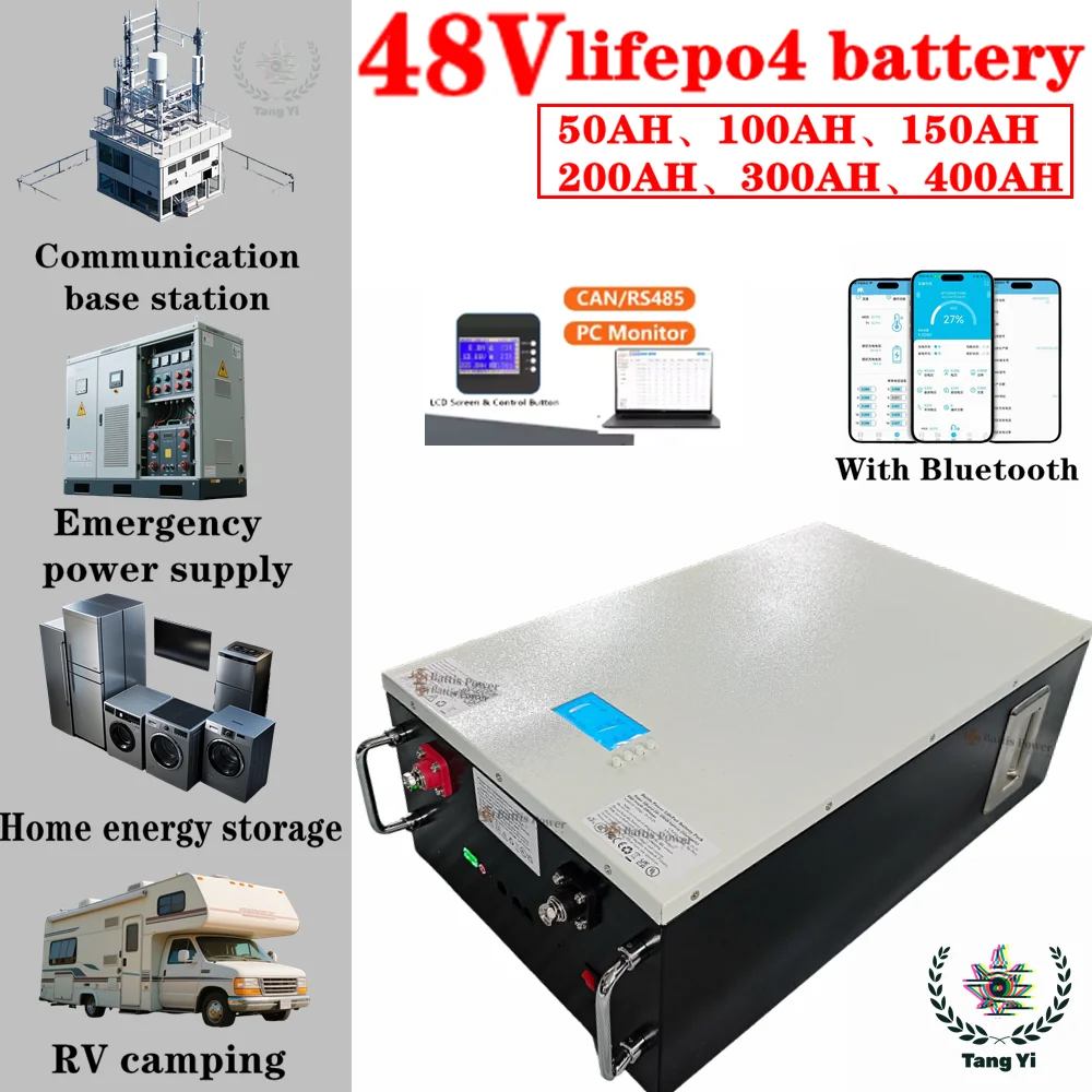 

48VLifepo4 battery pack wall mounted household/RV energy storage power supply compatible with solar off grid inverter 50Ah-400Ah