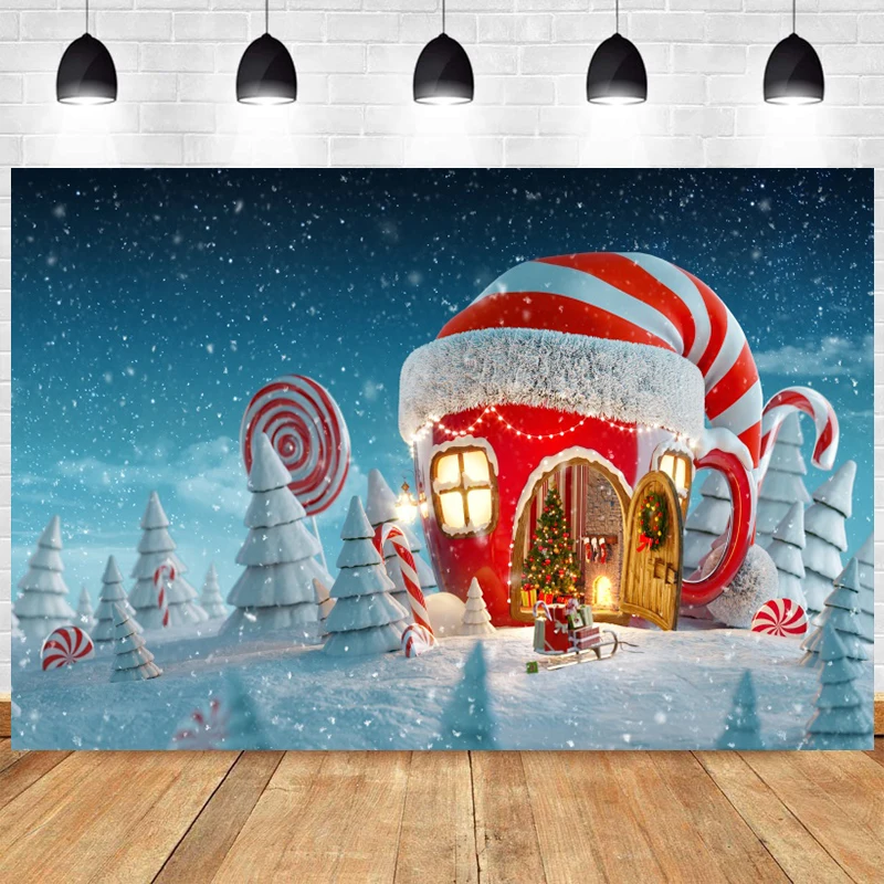 

Candy Cane House Christmas Backdrop Winter Snow Xmas Party Decorations Banner Cartoon Candy House Store Photography Background