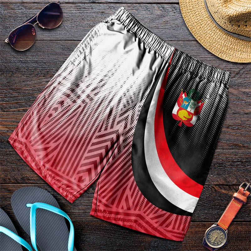 Trunks emblema nacional peruano dos homens, bandeira nacional peruana, mapa, 3D impressão calças curtas, calções de praia casuais, roupas masculinas