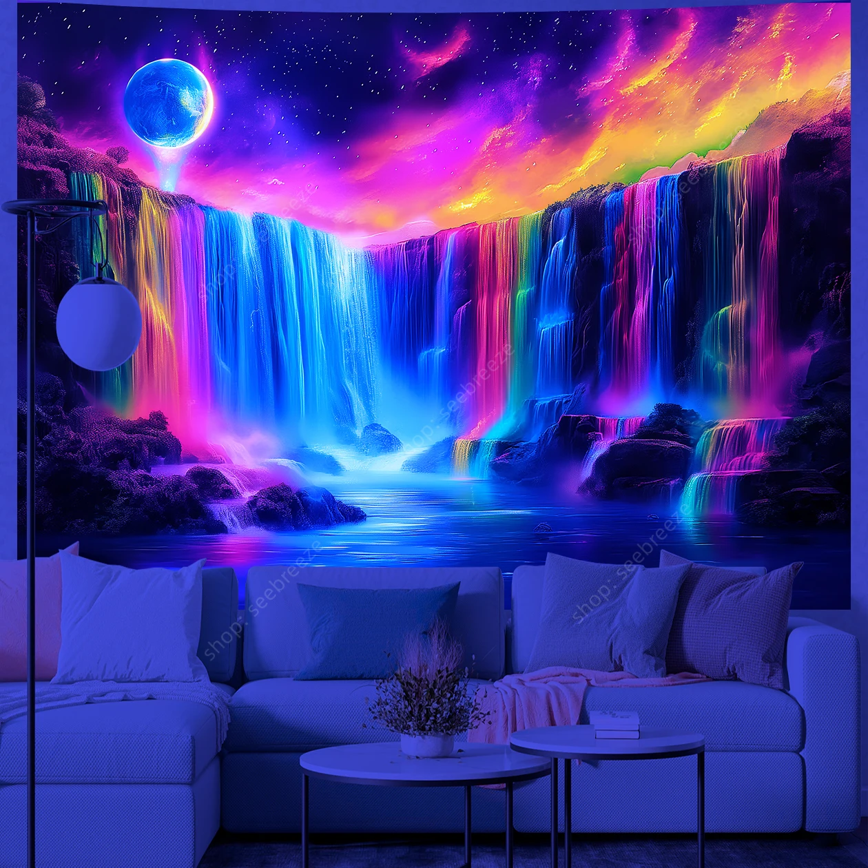 Flowing Colorful Waterfall Tapestry, Galaxy Mountain Nature Landscape UV Reactive Art Poster for Dorm Living Room Hippie Decor