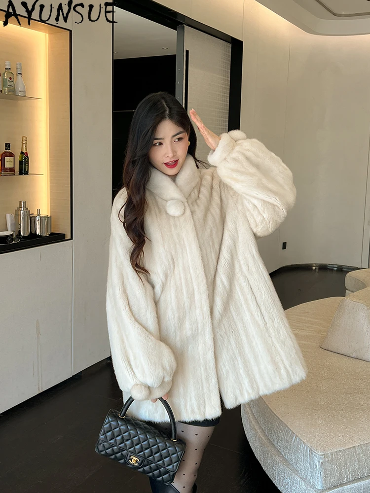 AYUNSUE Natural Mink Fur Coat Woman 2025 Winter Mid Length Elegant Real Fur Jackets for Woman Clothing High Quality Шуба Женская