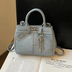 Women's Blue Denim Lock Bag Jeans Shape Multi-pocket Tote Bag New Denim Fashion Simple Shoulder Bag Purses And Handbags Girls