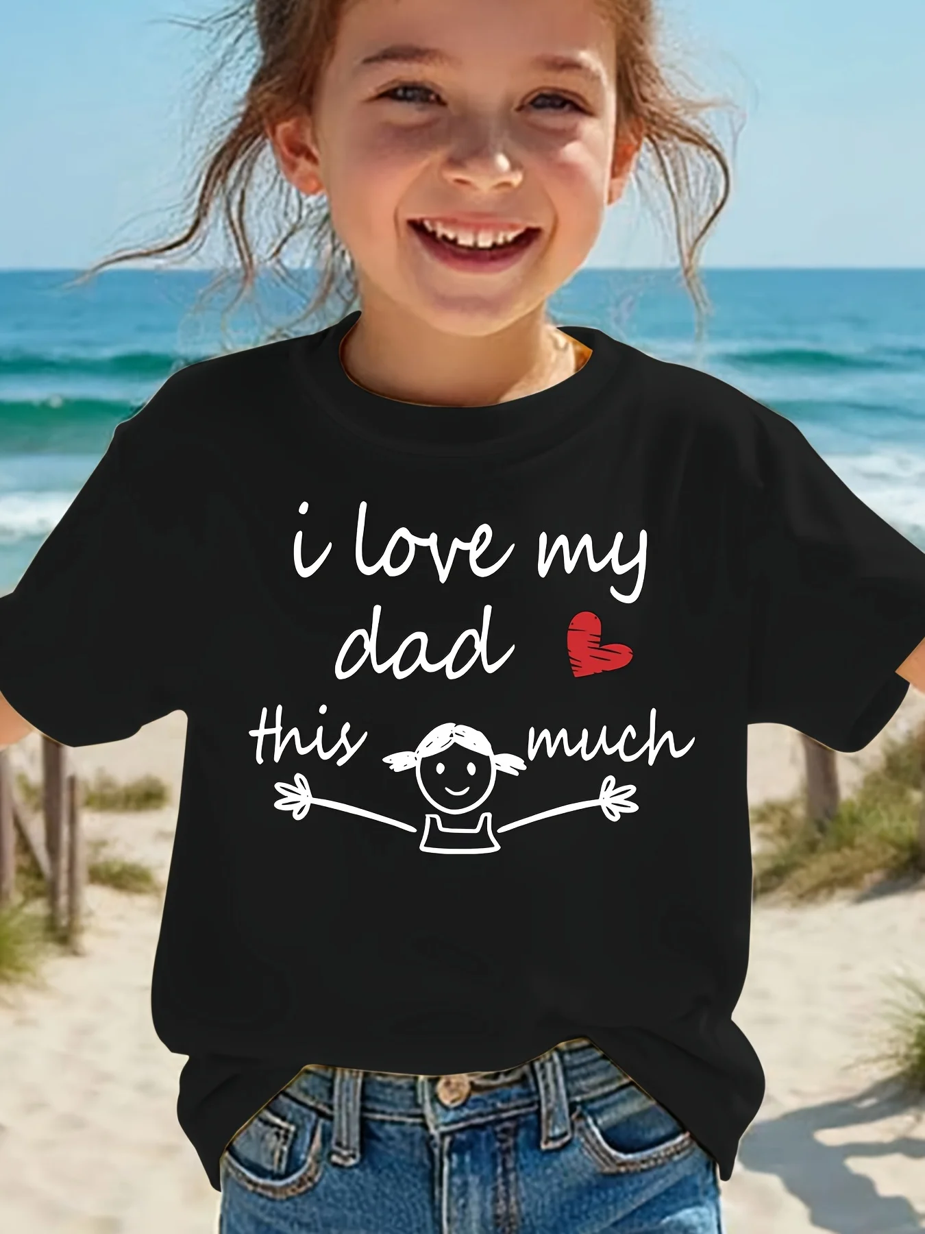 Kids T Shirt I Love My Dad This Much Red Heart Stick Girl Print Day Family Love Graphic Short Sleeve O Neck Soft Cotton Tee Tops