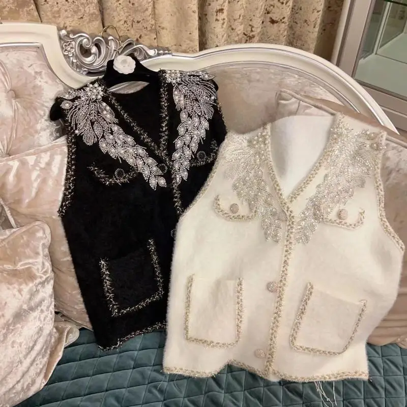 Luxury Pearls Beaded Wings Embroidery Plush Waistcoat Floral Rhinestones Mohair Vest Mink Cashmere Cardigan Tanks Tops