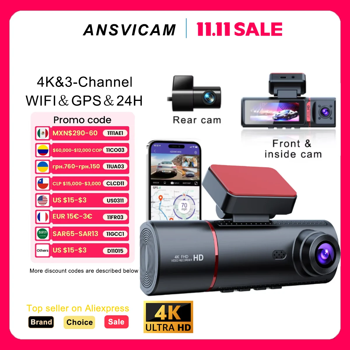 

ANSVICAM 4K Видеорегистратор S330 Max Встроенная GPS Wi-Fi камера Автомобильный видеорегистратор 3,16 дюйма Экран ночного видения 24 часа Монитор парковки Поддержка задней камеры