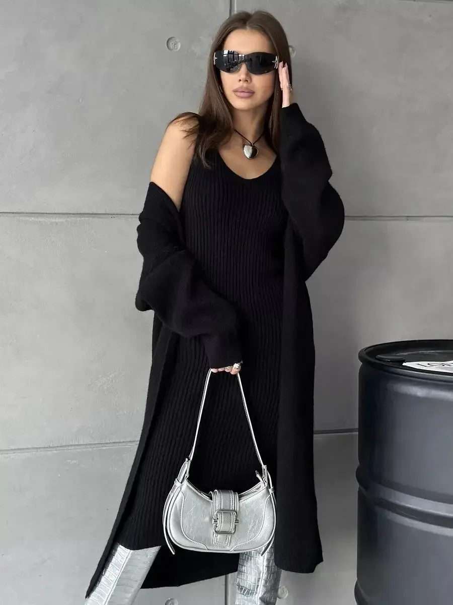 Solid Color Loose Knit Long Two-piece,Women's Long-sleeve Cardigan Coat+V-neck Casual Vest Dress Comfort Suit, Autumn and Winter