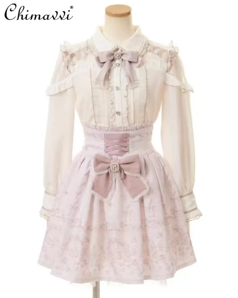 Liz Japanese Mine Mass-Produced Ribbon Bow Diamond Women's Skirt Lolita Sweet Heart Buckle Removable Printed Suspender Skirt