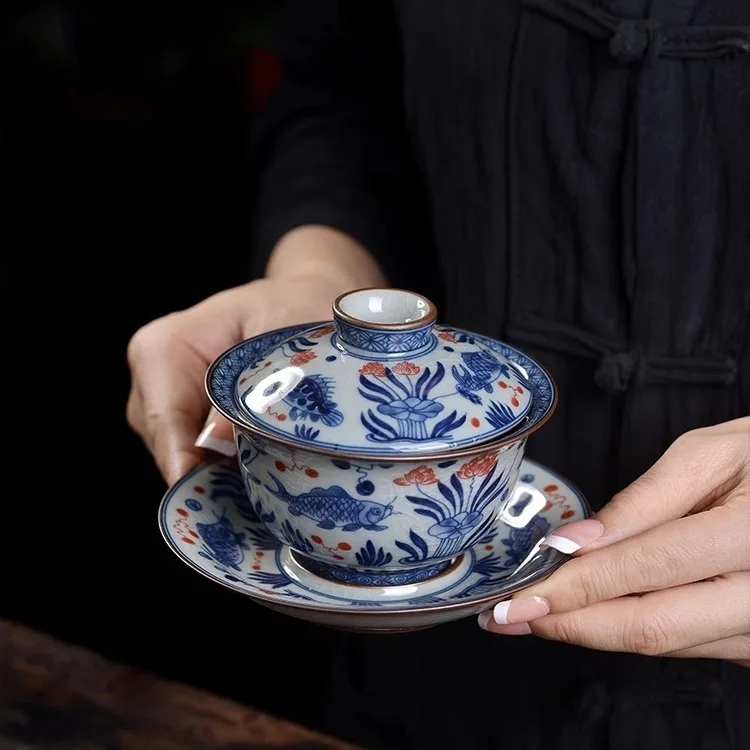 

Jingdezhen Blue and White Old Clay Fish Bath Pattern Gaiwan Non-Scald Tea Brewing Bowl Household Ceramic Cup Large Capacity