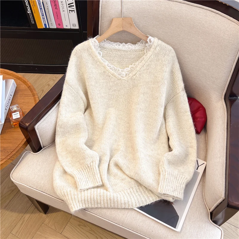 Women's Autumn Winter Lace V-neck Sweater Long Sleeved Y2K Korean Harajuku College 2000s Retro Top Warm Sweater Clothing 2024