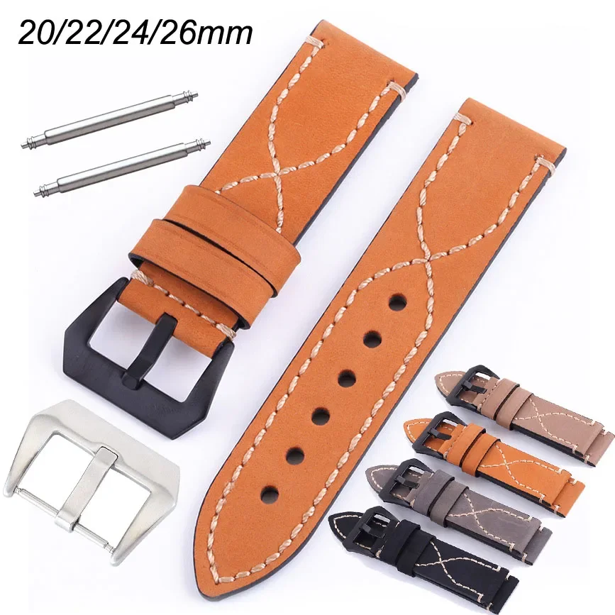 Cross Thread Watch Strap 20mm 22mm 24mm 26mm Genuine Leather Watchband Replacement Smart Watch Band Wrist Bracelet Belt with Bar