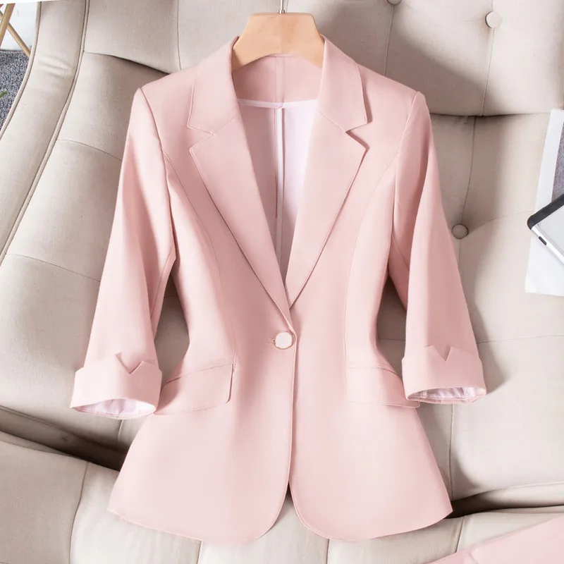 NAVIU Hot Selling Blazers New Spring Summer Women Jacket Chic OL Slim Blazer Femme Elegant Single Button Green Pink Apricot Coat