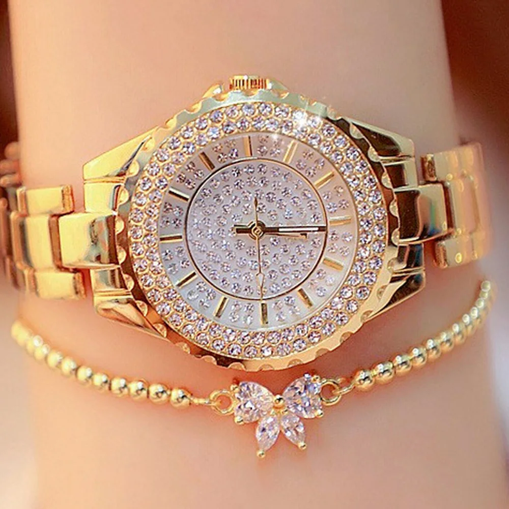 Reloj de mujer con temperamento, esfera superbrillante con juego de reloj de cuarzo con incrustaciones de diamantes + arco con incrustaciones de diamantes versátiles con cuentas b