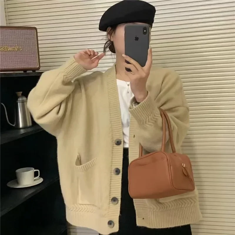 싱글 브레스티드, 단색, 레이지 윈드, 오픈 스티치 2025 여성용 빅 포켓 니트 가디건 스웨터, 숏 탑스, 브이넥