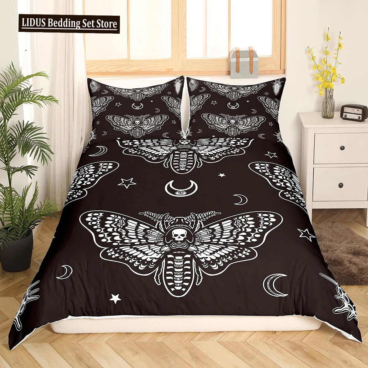 

Black Death Moth Duvet Cover Set Gothic Skull Bedding Set Butterfly Bedclothes Moon Stars Polyester Quilt Cover For Kids Teens