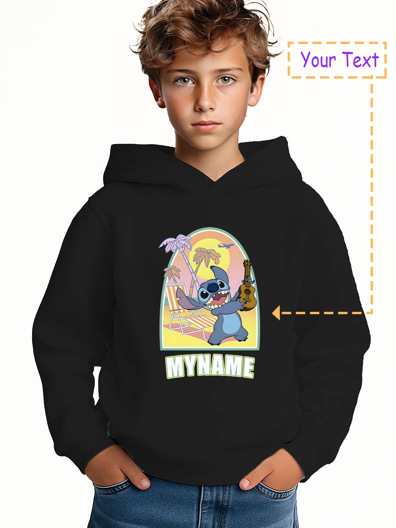 

MINISO Stitch Beach Guitar Hoodie - Stitch plays guitar on the beach in a "MYNAME" holiday-inspired design. Featuring Disney