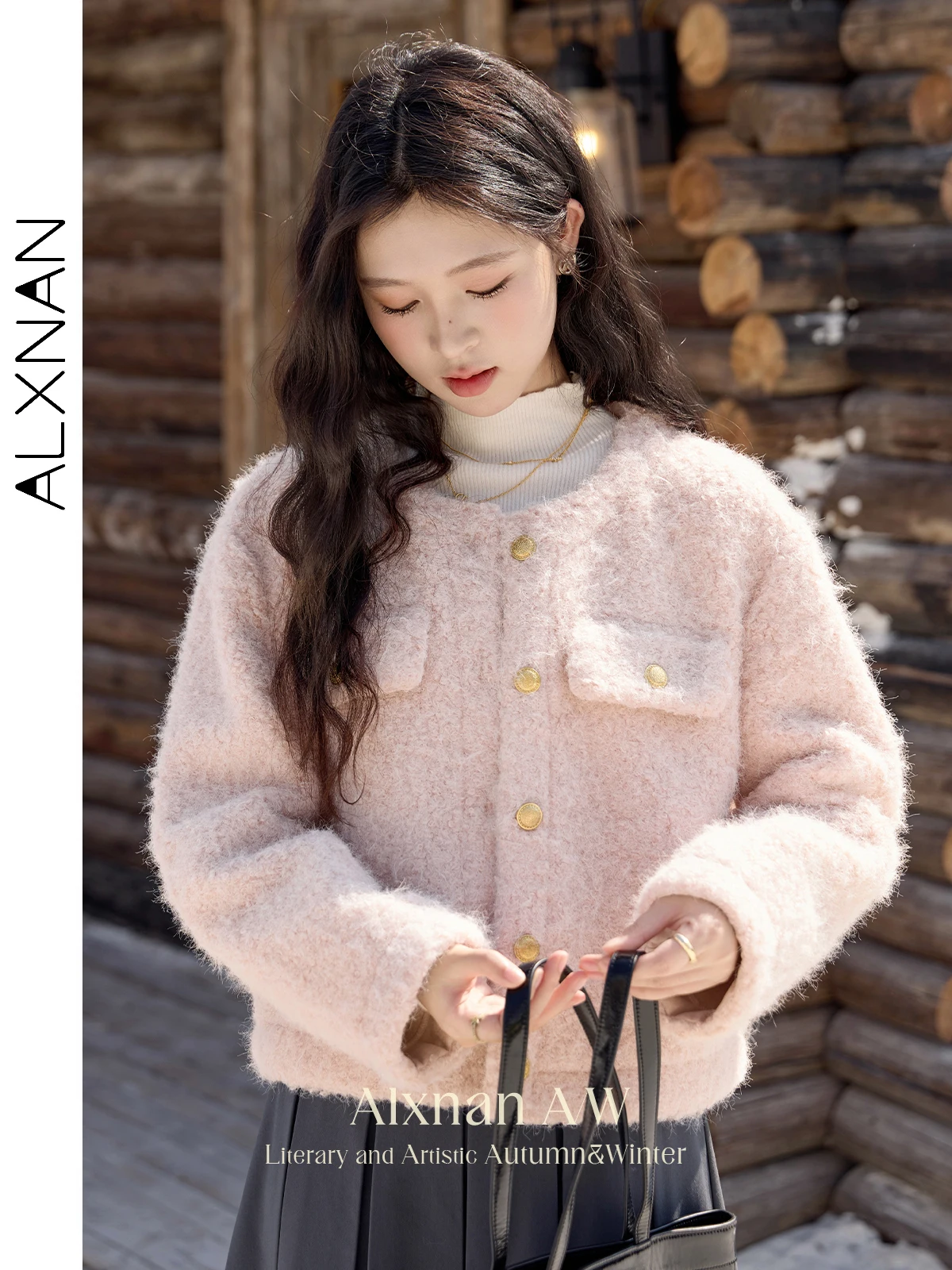 ALXNAN Kurze Mäntel Wolle Verdickte Metall Knopf Oansatz Winter Jacke Lange Hülse Lose-fit Sanfte Eleganz Dame Oberbekleidung L52382