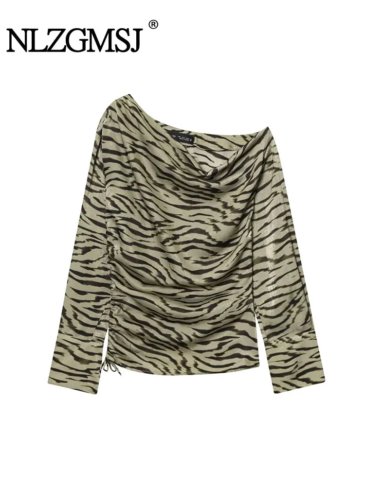 

NLZGMSJ шикарные женские топы с животным принтом, асимметричный косой воротник, длинный рукав, складки, тонкий топ, модные осенние праздничные топы 2025 года