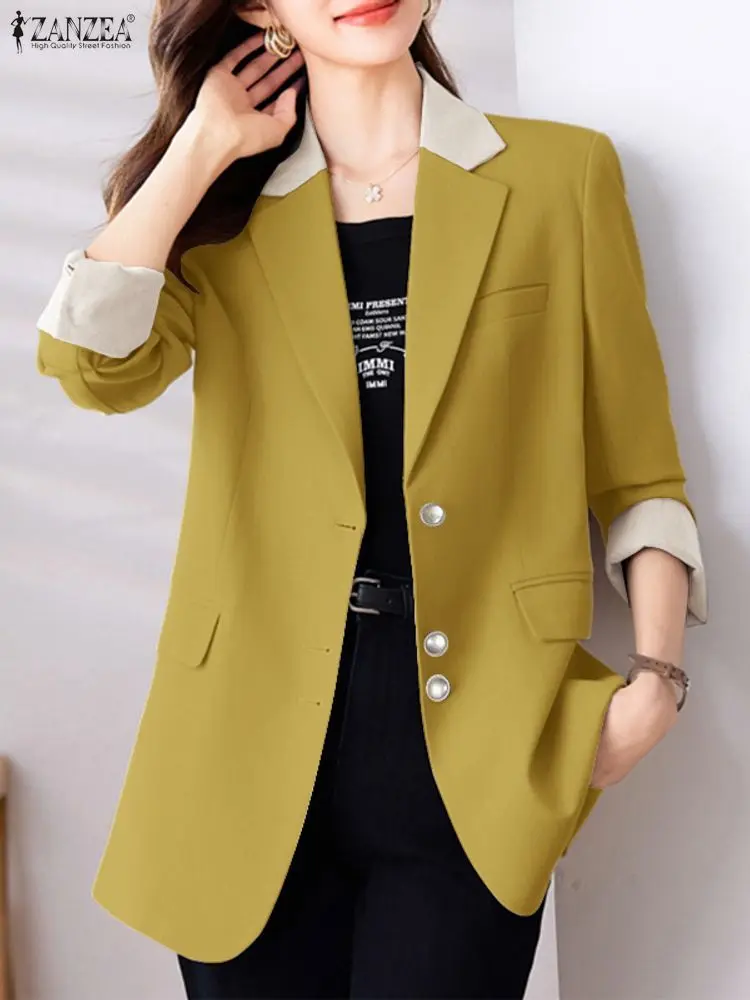 

ZANZEA 2025 Осенний элегантный пиджак с воротником с лацканами и длинными рукавами, офисный женский пиджак, верхняя одежда, корейский стильный лоскутный костюм, пальто