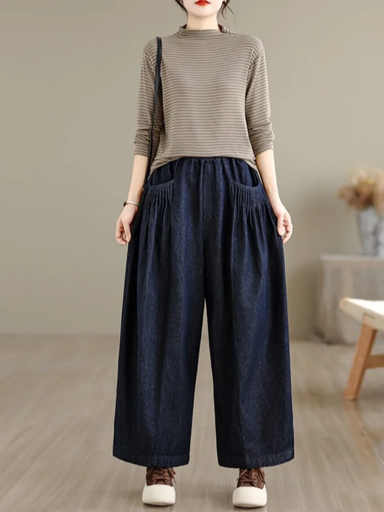 Retro Sle plus Größe Distred Denim Breite Bein Hosen frauen Herbst Elastische Taille Abnehmen Casual Neun Punkt Hosen