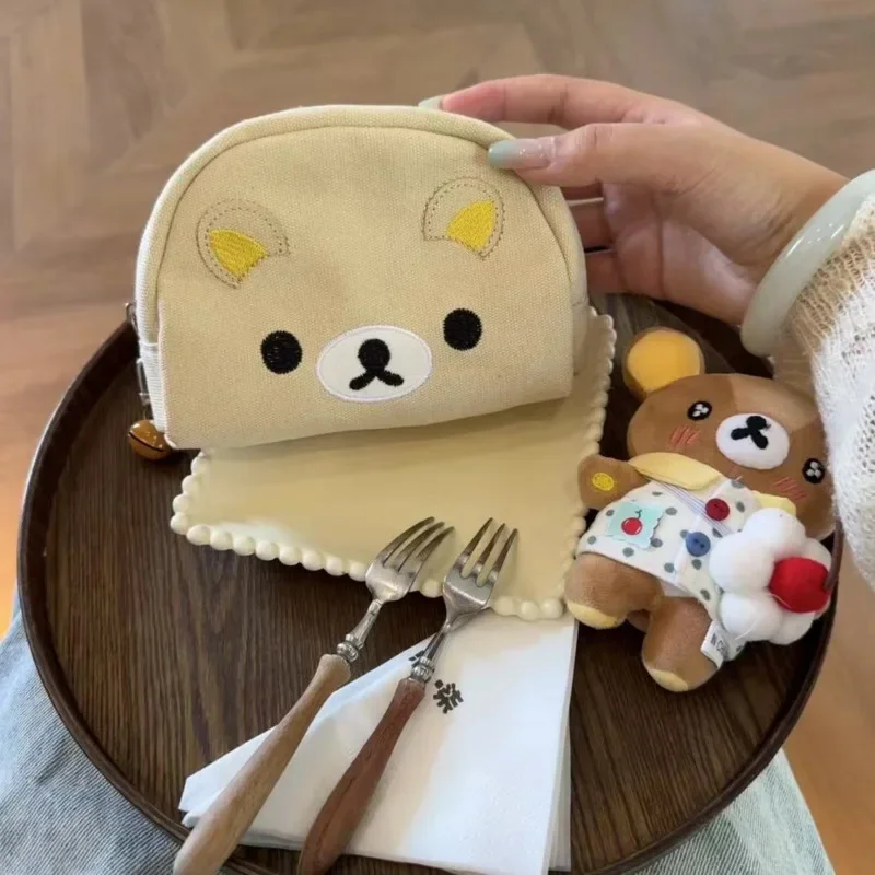 Rilakkuma Embroidery Cosmetic Bag Cute Portable Storage Pouch Multi-Function Coin Purse Pad Organizer Travel Daily Commute Use