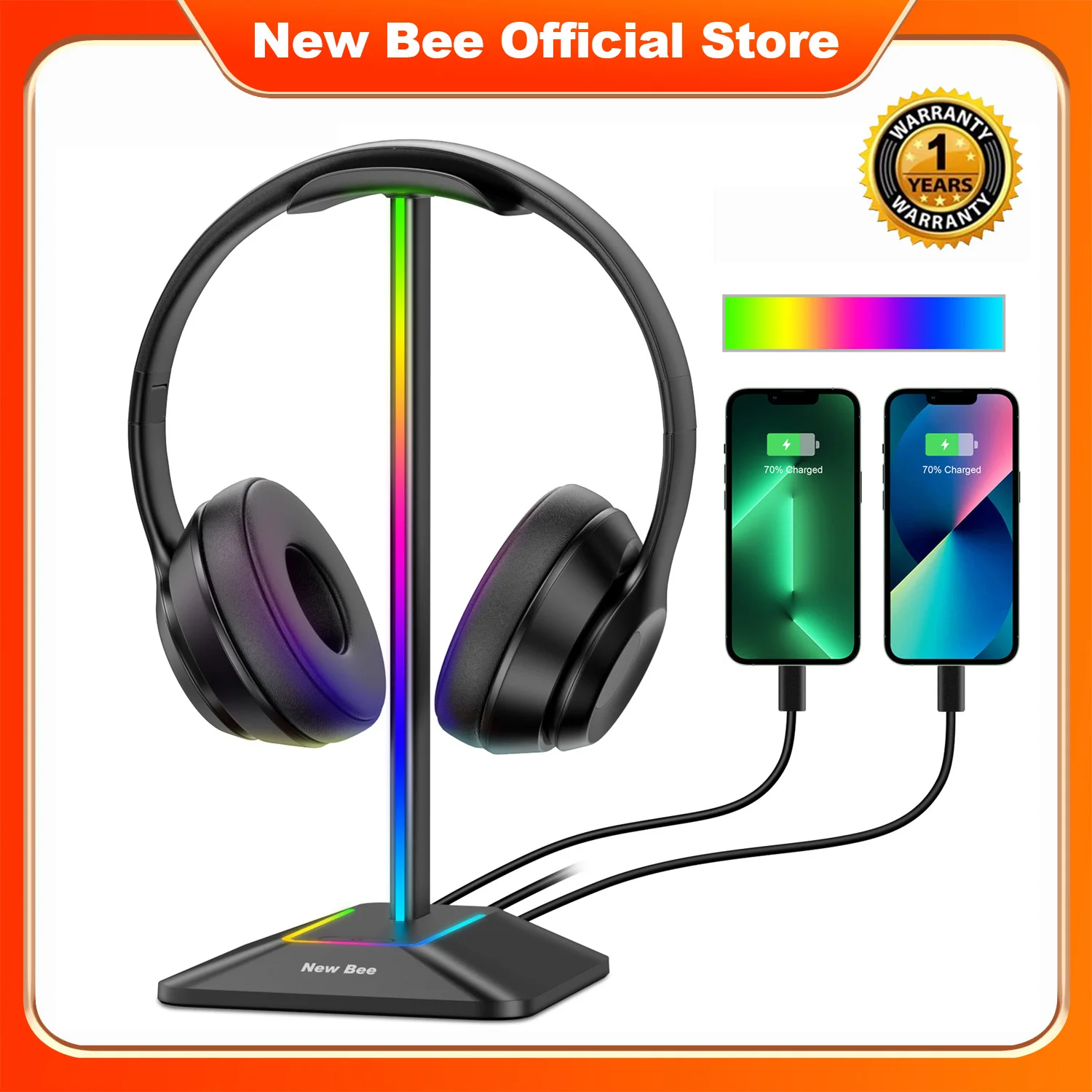 Игровой держатель New Bee Z8 Подставка для наушников RGB с 2 USB-портами, настольный держатель для гарнитуры, нескользящая резиновая основа для геймеров