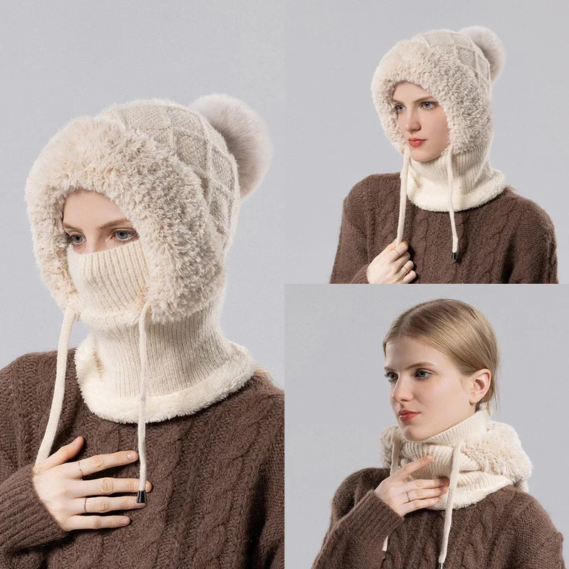 

Winter Women Velvet Knitted Woolen Balaclava Hat Ear Protection Fluffy Hat Mask Neck Integrated Warmth Cover Hat Lady Hooded Cap