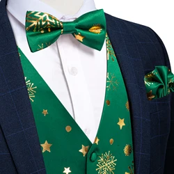 Green Christmas Men Vest Bowtie Pocket Square Cufflinks Set Printed Snowflake Waistcoat for Man Accessories Party Necktie Gifts