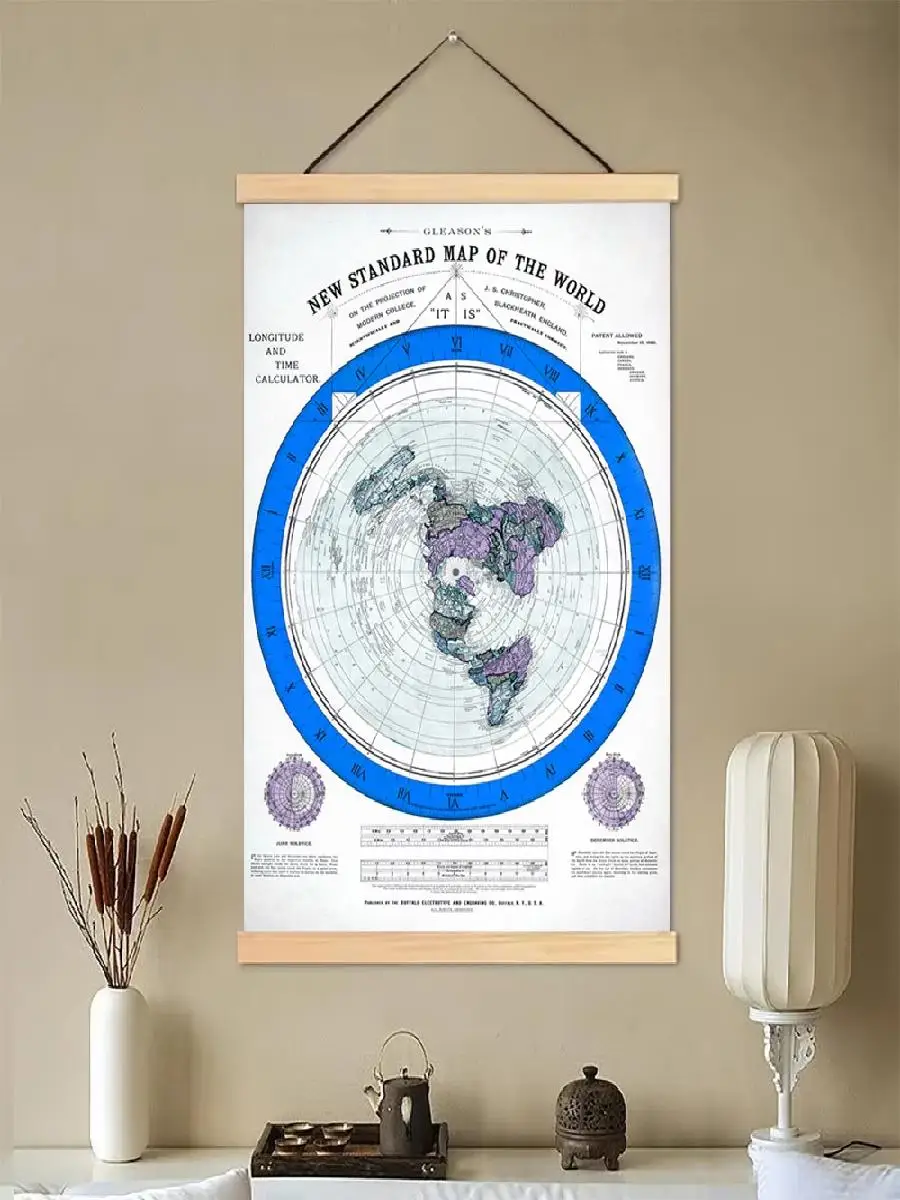 Canvas Poster With Wooden Pole Hanger Flat Earth Map Wall Art HD Canvas Painting Vintage Aesthetic for Home Office Living Room D