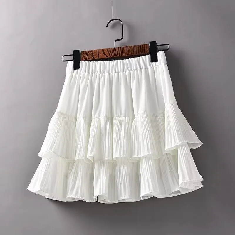 Chiffon Short Skirt Black White Polka Dot A-line High Waist Summer Beach Holiday Ruffles Puffy Mini Skirt Casual mujer faldas