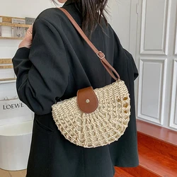 JIOMAY Summer Straw Bag 2024 Women Fashion Designer Handbags Lady Solid Color Weave Beach Shoulder Bag Hollow Out Half Round Bag