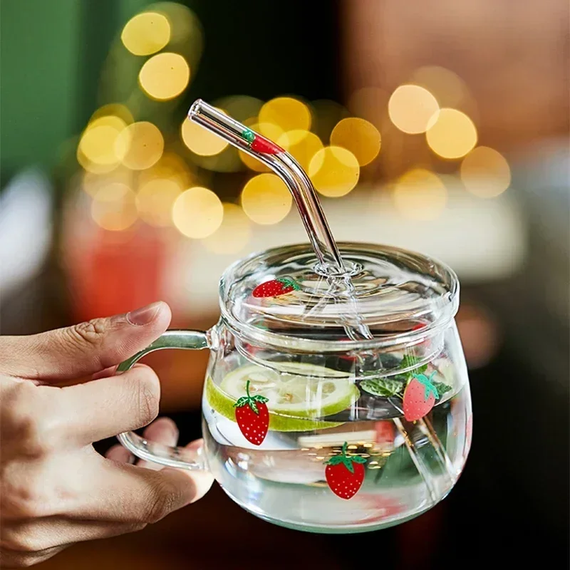 Kawaii Strawberry Glass Mug with Straw Creative High Temperature Resistance Clear Glass Water Cups Household Milk Juice Tumbler