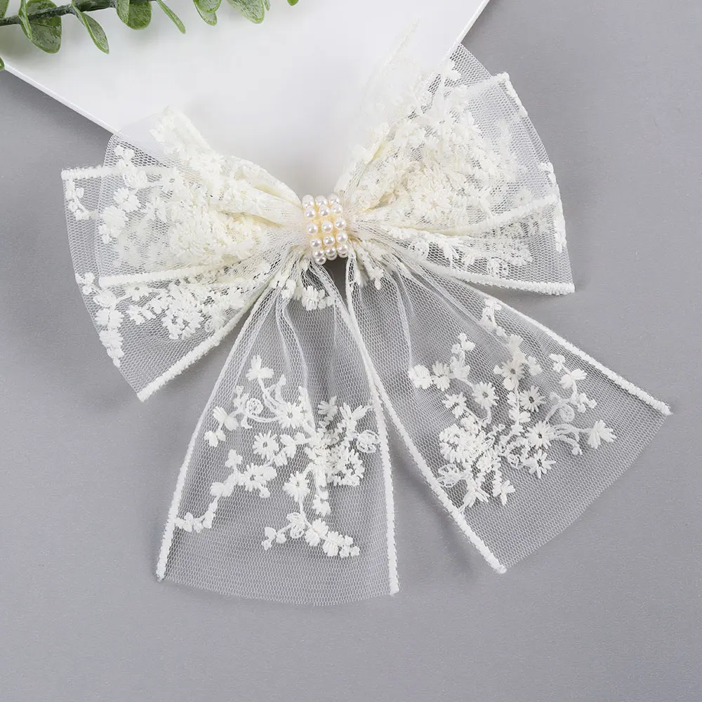 Korean White Lace Bow Hair Clip Embroidery Flower Hairpin Sweet Pearl Barrettes Headwear Lovely Girl Hair Accessories images - 6