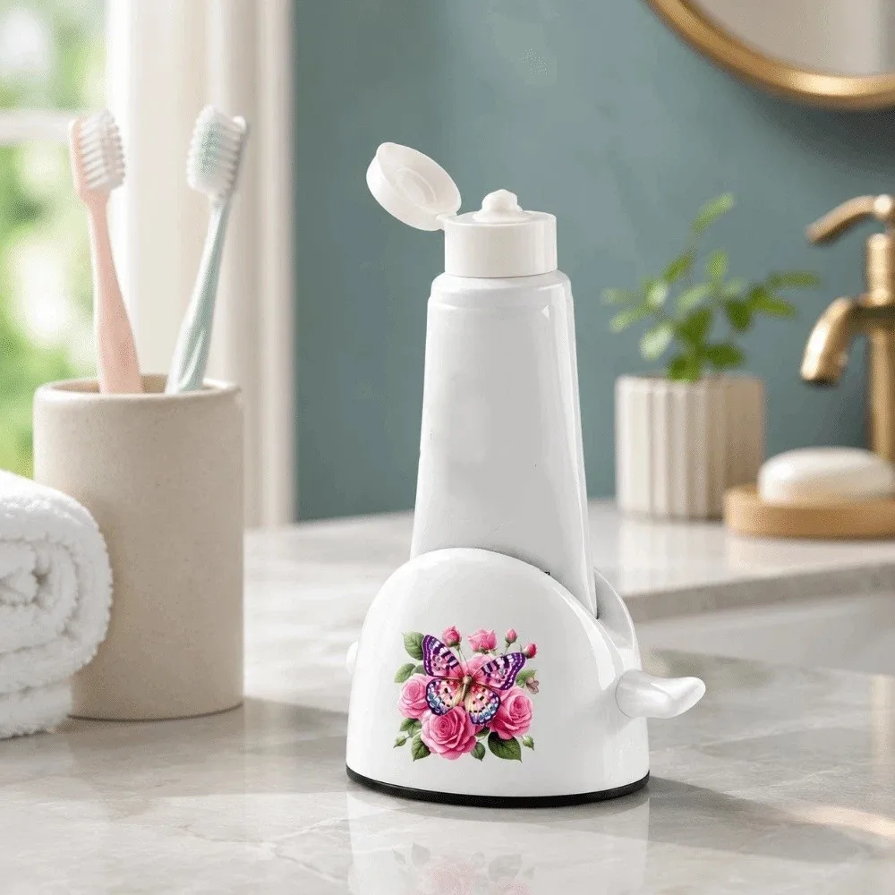 Multi-functional Toothpaste Squeezer Convenient Labor-Saving Cleanser Squeezer Cat Flower Printed Rolling Toothpaste Dispenser
