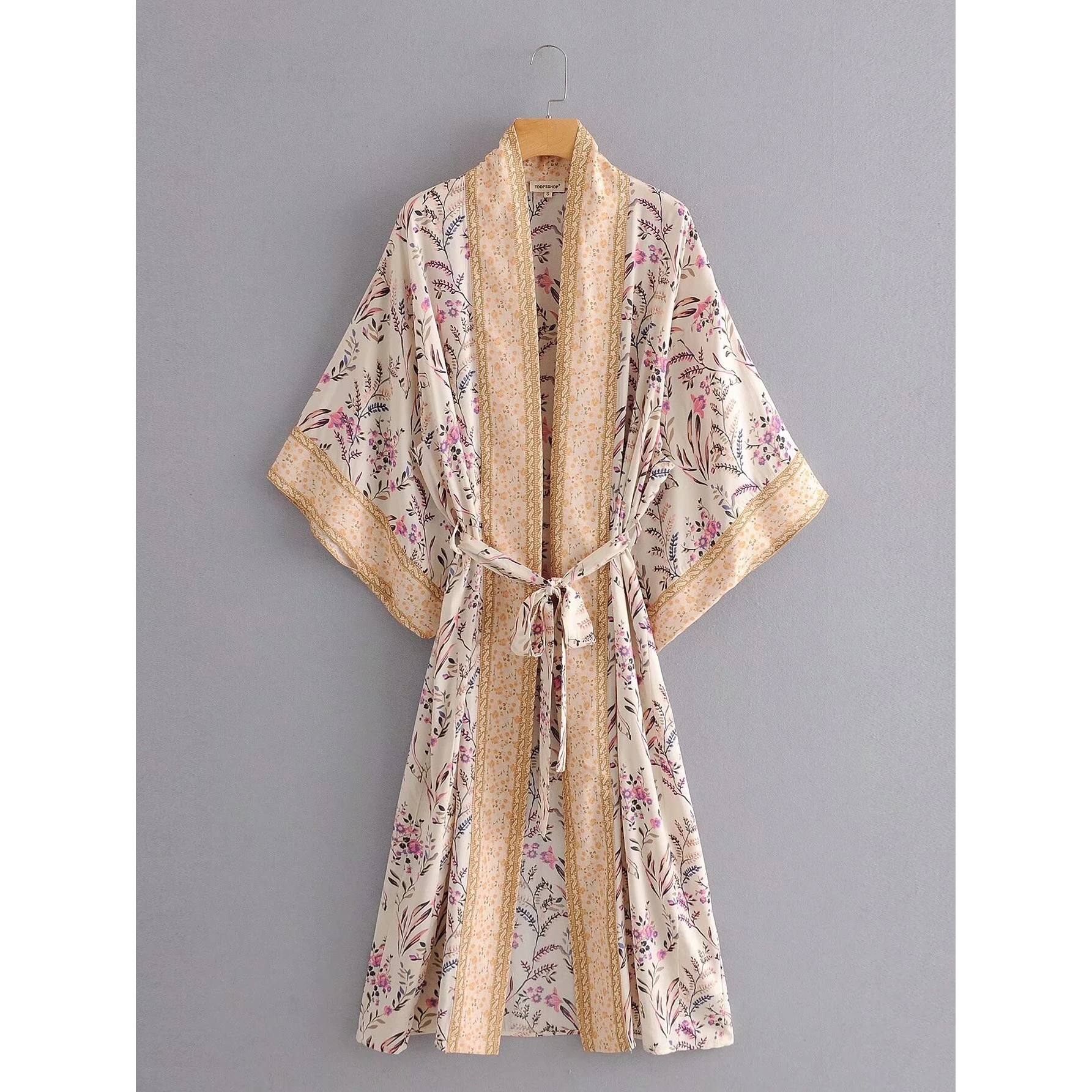 Vestido de Mujer Estilo Kimono con Cinturón y Estampado Verde Turquesa, Moda Transfronteriza, Manga Corta, Poliéster, Sin Marca, Estilo Europeo