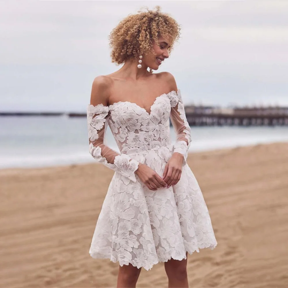 Unique Off The Shoulder Full Sleeves Sweethart Lace Applique Bridal Grown A Line Wedding Dresses