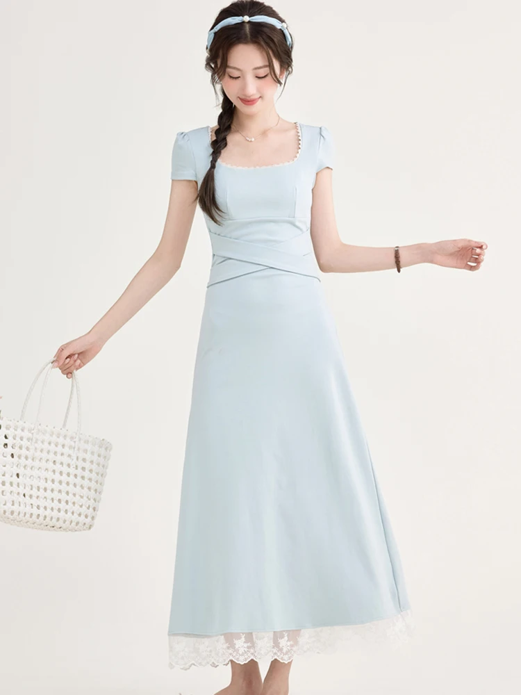 

Summer Blue Bodycon Bandage Long Dress Women Short Sleeve Square Collar Chic Lace Long Dress 2025 Korean Vintage Luxury Vestidos