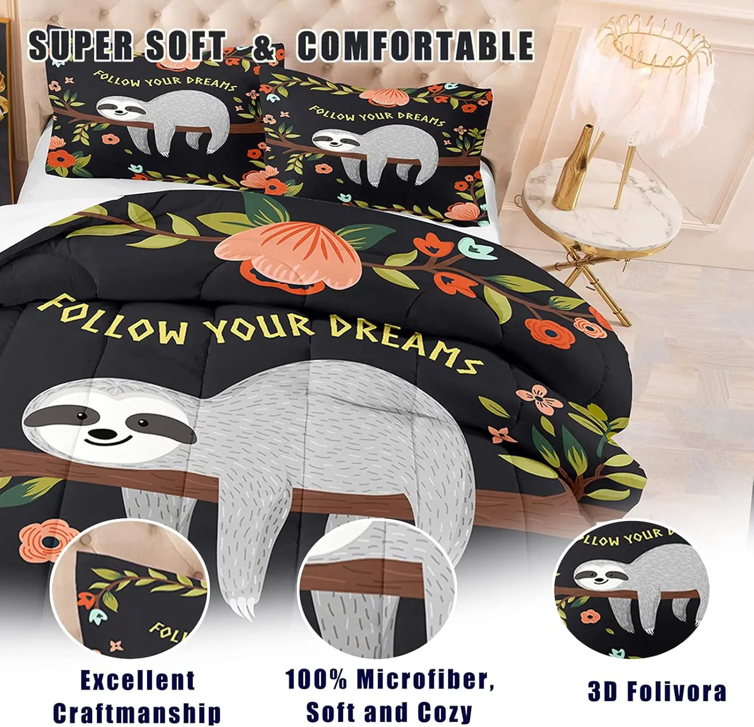 Sloth Comforter Bedding Set Twin for Boys Girls, 3D Cute Sloth in Energy Saving Mode by Huging Trees Sleeping, Soft Microfiber