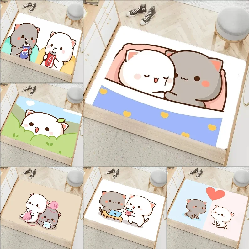 Alfombra para puerta de entrada con estampado de Mochi de melocotón, antideslizante, absorbente, de dibujos animados, para el hogar, dormitorio, decoración de la habitación