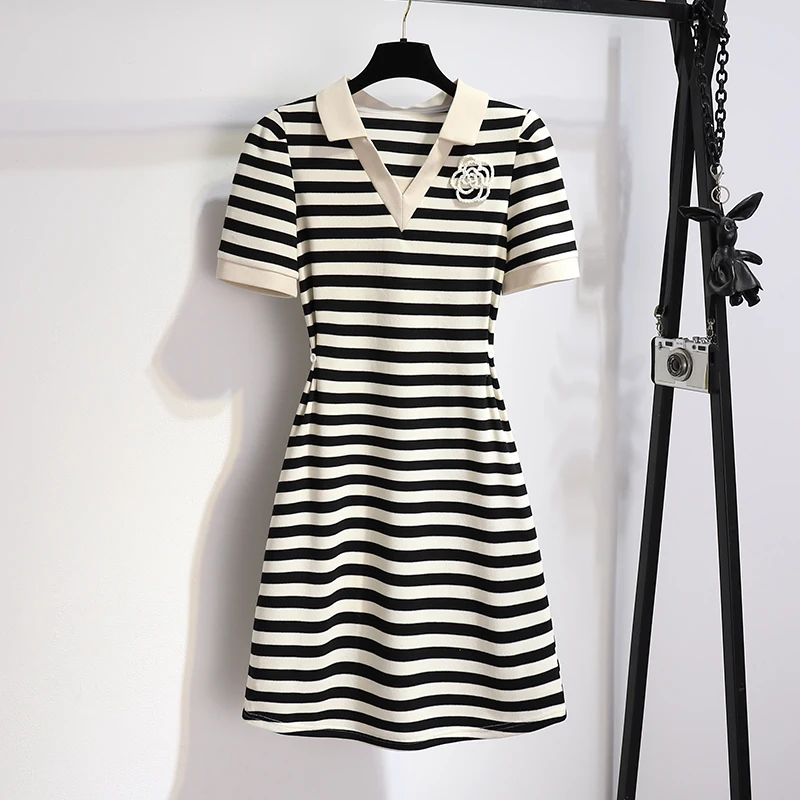 

Striped polo dress female waist slim summer new small casual T-shirt skirt design sense