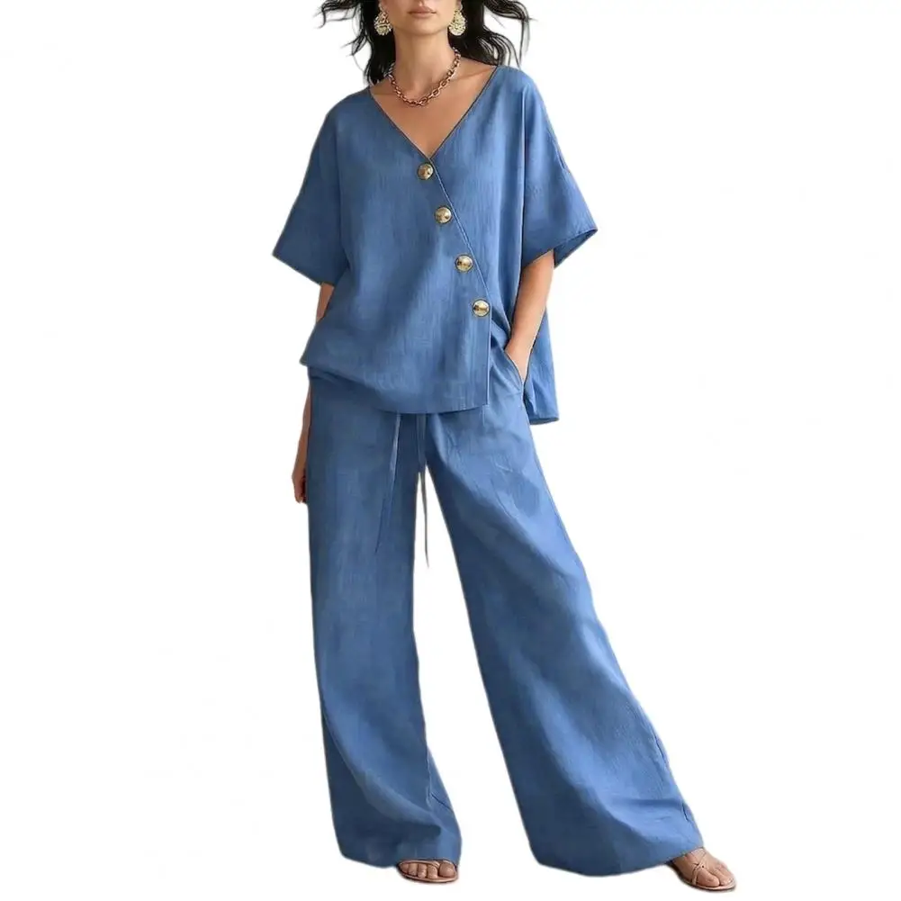Two Piece Outfits for Women Button Down V Neck Short Sleeve Top And Drawstring Long Pants Summer Lounge Sets Spring Summer Autum
